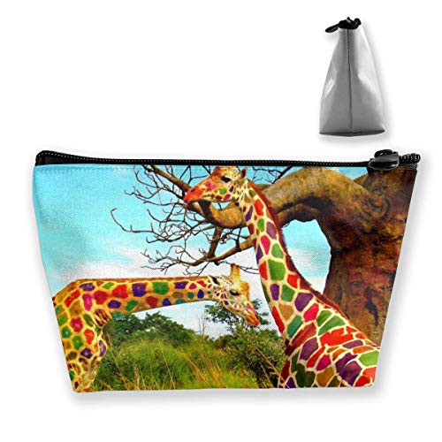 Bolsa de maquillaje de jirafas de color arcoíris, bolsa de viaje de almacenamiento trapezoidal grande, bolsa de cosméticos para lavar, portalápices, cremallera impermeable
