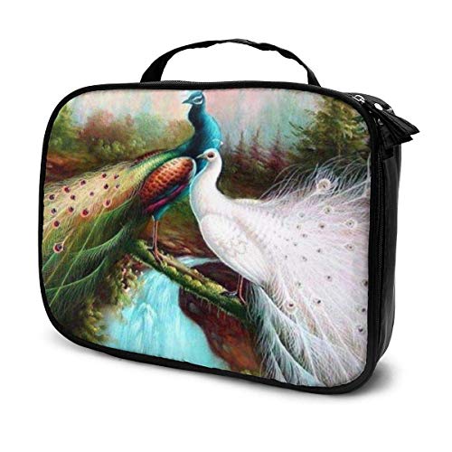 Bolsa de maquillaje portátil para cosméticos, diseño de pavo real, color blanco
