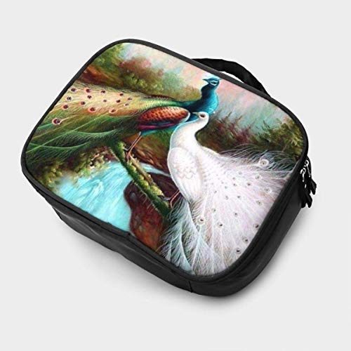 Bolsa de maquillaje portátil para cosméticos, diseño de pavo real, color blanco