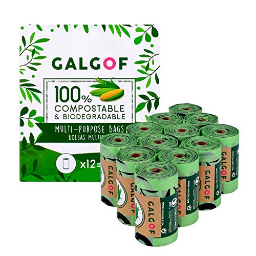 Bolsas de basura biodegradables e higiénicas para caca y heces de perro. 12 Rollos perfumados, compostables y ecológicos para residuos y excrementos de mascotas (180 uds.). Muy resistentes (verde)