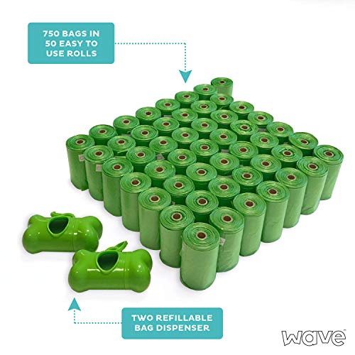 Bolsas de caca biodegradables Wave con dispensador gratis, 750 bolsas extra gruesas, garantizadas a prueba de fugas, sin perfume, 50 rollos, 15 bolsas para perros por rollo