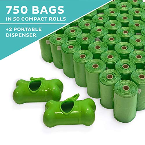 Bolsas de caca biodegradables Wave con dispensador gratis, 750 bolsas extra gruesas, garantizadas a prueba de fugas, sin perfume, 50 rollos, 15 bolsas para perros por rollo