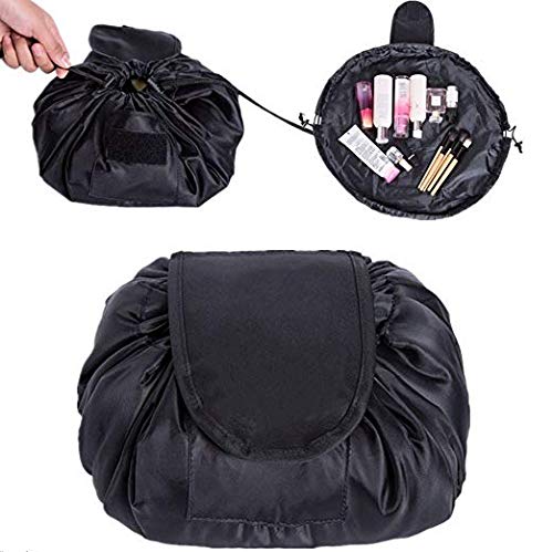 Bolsas de cosméticos multifunción portátiles Bolsa de Maquillaje Maletas de Viaje, Kit de Viaje, Diseño con cordón Organizador de un Solo Paso, Maquillaje Perezoso Bolsa de Aseo m (Negro)