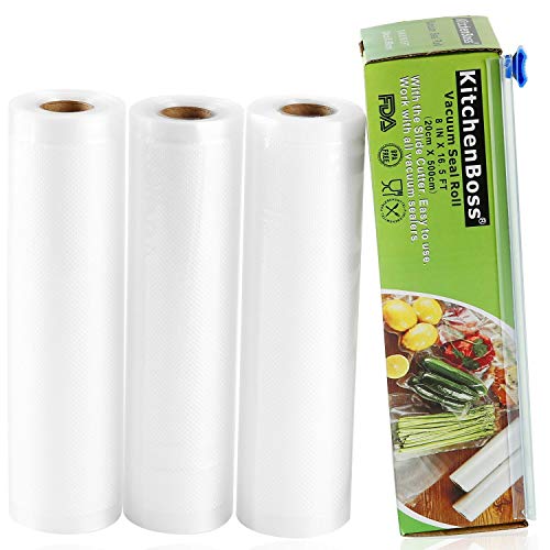 Bolsas de Vacio 3 Rolls 20x500cm con Caja de Corte (No Más Tijeras) para Almacenaje de Alimentos,Sous Vide Cocina, BPA Free