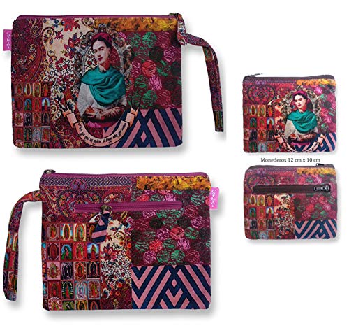 Bolso Aseo/Neceser Maquillaje Viaje/Set 3 Piezas Neceseres, sobre Cartera y Monedero de Mujer Frida Kahlo. (Granate)