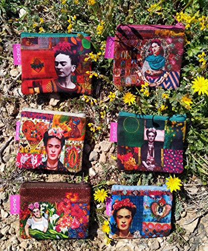 Bolso Aseo/Neceser Maquillaje Viaje/Set 3 Piezas Neceseres, sobre Cartera y Monedero de Mujer Frida Kahlo. (Granate)