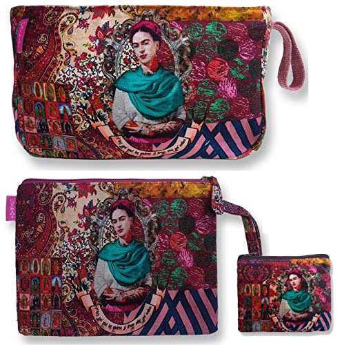 Bolso Aseo/Neceser Maquillaje Viaje/Set 3 Piezas Neceseres, sobre Cartera y Monedero de Mujer Frida Kahlo. (Granate)