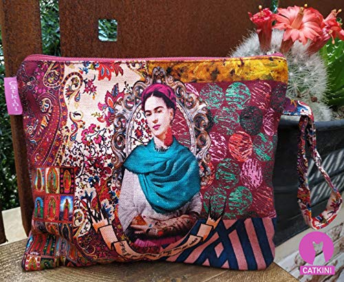 Bolso Aseo/Neceser Maquillaje Viaje/Set 3 Piezas Neceseres, sobre Cartera y Monedero de Mujer Frida Kahlo. (Granate)
