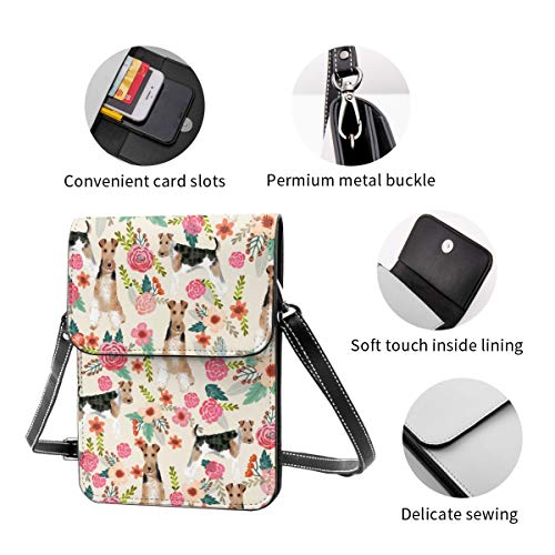 Bolso cruzado pequeño para mujer, de alambre Fox Terrier, floral, bonito, floral, color crema, para teléfono celular, cartera multiusos, de piel sintética suave