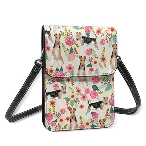Bolso cruzado pequeño para mujer, de alambre Fox Terrier, floral, bonito, floral, color crema, para teléfono celular, cartera multiusos, de piel sintética suave
