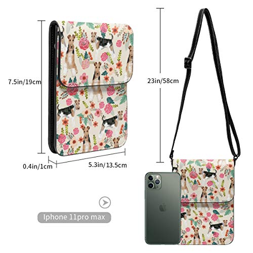 Bolso cruzado pequeño para mujer, de alambre Fox Terrier, floral, bonito, floral, color crema, para teléfono celular, cartera multiusos, de piel sintética suave