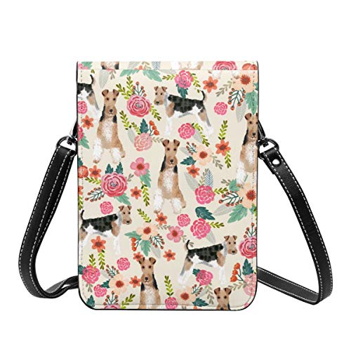 Bolso cruzado pequeño para mujer, de alambre Fox Terrier, floral, bonito, floral, color crema, para teléfono celular, cartera multiusos, de piel sintética suave