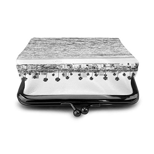 Bolso de cambio de cuero vintage Newport Beach Ocean Palm Trees monedero de cuero con cierre de beso Mini cosméticos para mujeres y niñas