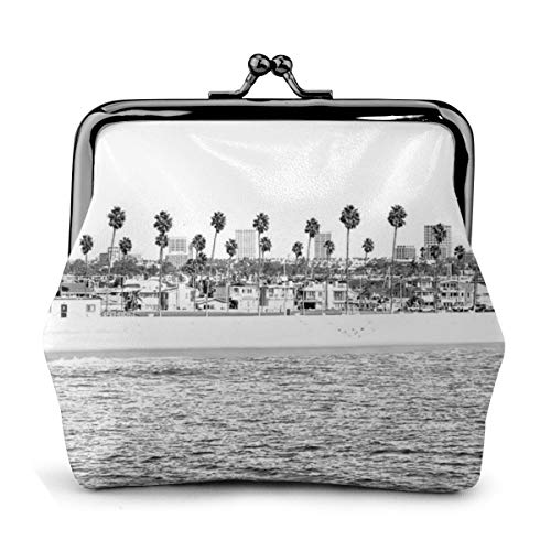 Bolso de cambio de cuero vintage Newport Beach Ocean Palm Trees monedero de cuero con cierre de beso Mini cosméticos para mujeres y niñas