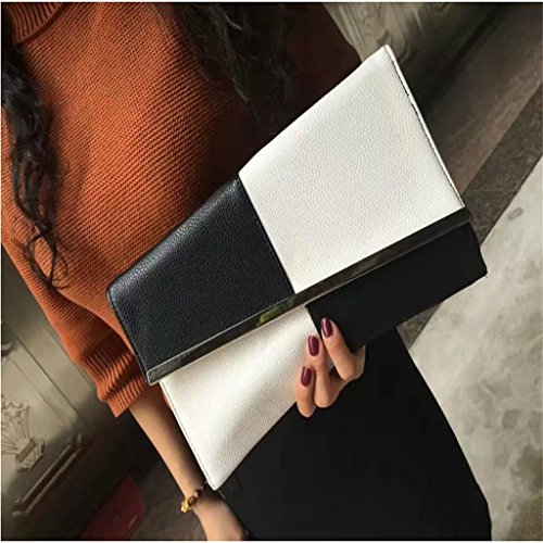Bolso de Embrague de Tarde de PU de sobre de Mujeres Bolso de Hombro de Cadena de Monedero Negro Y Blanco