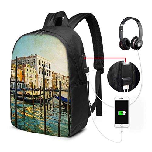 Bolso de Mujer Moda increíble Arte de Venecia Estilo de Pintura Mochila para computadora portátil Divertida con Puerto de Carga USB y Puerto de Auriculares para Viajes de Trabajo Universitario
