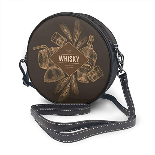 Bolsos de hombro Bolsos redondos para mujeres Plantilla de producción de whisky de vector, folleto, concepto. Elementos dibujados a mano vintage. Bandolera Crossbody de Cuero