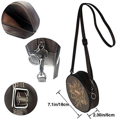 Bolsos de hombro Bolsos redondos para mujeres Plantilla de producción de whisky de vector, folleto, concepto. Elementos dibujados a mano vintage. Bandolera Crossbody de Cuero