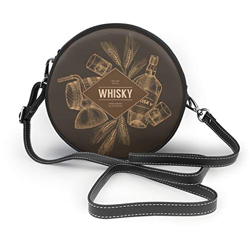 Bolsos de hombro Bolsos redondos para mujeres Plantilla de producción de whisky de vector, folleto, concepto. Elementos dibujados a mano vintage. Bandolera Crossbody de Cuero