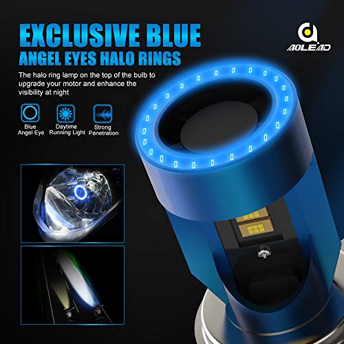Bombilla H4 LED para Moto con Ojos de Angel, 6400LM Moto LED Faro,DC 12V 1 Lámpara-Azul