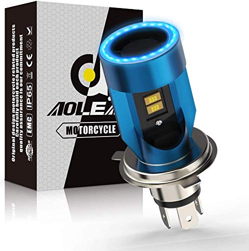 Bombilla H4 LED para Moto con Ojos de Angel, 6400LM Moto LED Faro,DC 12V 1 Lámpara-Azul
