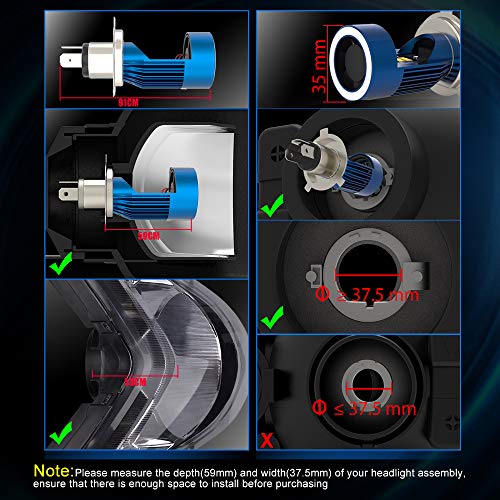 Bombilla H4 LED para Moto con Ojos de Angel, 6400LM Moto LED Faro,DC 12V 1 Lámpara-Azul