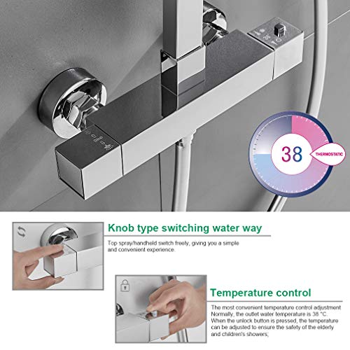 BONADE Columna de Ducha Termostática 38 °C Conjunto de Ducha Cuadrado para Baño con 10" Alcachofa Ducha Lluvia en Acero Inoxidable y 3 Tipos Ducha de Mano y Barra Altura Ajustable