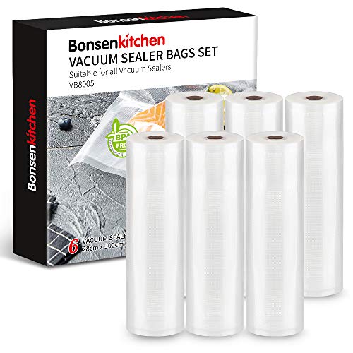 Bonsenkitchen Rollos al Vacio para Envasadora al Vacío, 6 Rollos 28 x 300cm Bolsas de Vacio Gofradas para Conservación de Alimentos y Sous Vide Cocina & Boilable,sin BPA - VB8005