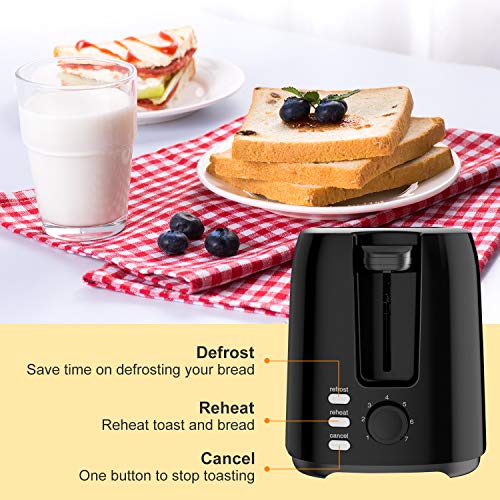 Bonsenkitchen Tostadoras Pan de 2 Rebanadas con 7 Niveles de Tostador y Bandeja para Migas, 750 W, Tostadora de Pan Automática con Función de Descongelar y Calentamiento,Negro TA8901