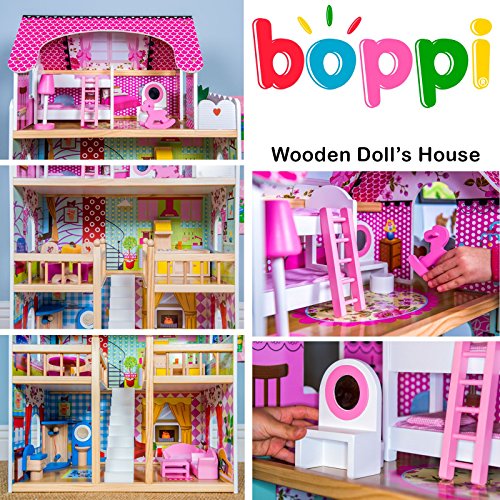 boppi® Casa De Muñecas De Madera para Niñas 3 Pisos Y 17 Accesorios/Muebles para Jugar