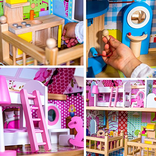 boppi® Casa De Muñecas De Madera para Niñas 3 Pisos Y 17 Accesorios/Muebles para Jugar