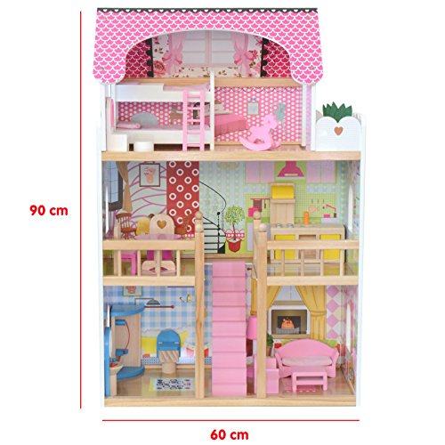 boppi® Casa De Muñecas De Madera para Niñas 3 Pisos Y 17 Accesorios/Muebles para Jugar