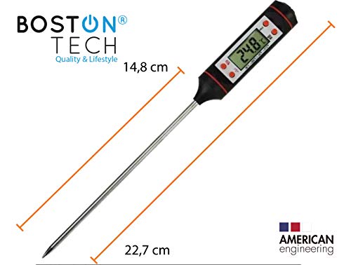 Boston Tech - Termómetro Digital de Horno con Pincho de Acero Inoxidable, de 5s con Botón de ° C / ° F, Pantalla LCD, BBQ, Comida, Pavo, Caramelo, Leche, 1 Pack, Negro