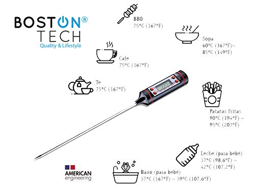 Boston Tech - Termómetro Digital de Horno con Pincho de Acero Inoxidable, de 5s con Botón de ° C / ° F, Pantalla LCD, BBQ, Comida, Pavo, Caramelo, Leche, 1 Pack, Negro