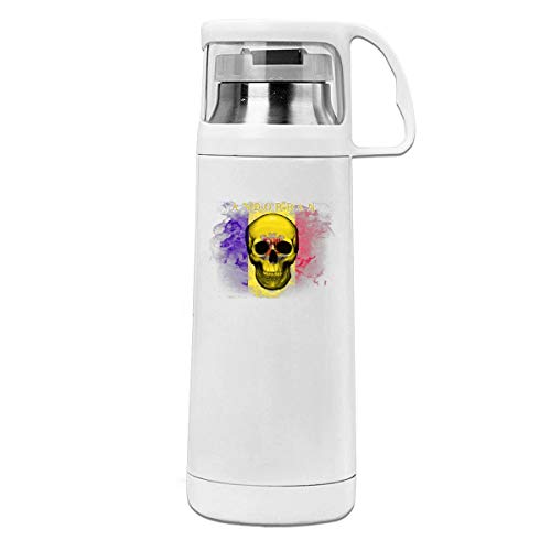 Botella de agua portátil con diseño de calavera de bandera de Andorra con mango de acero inoxidable