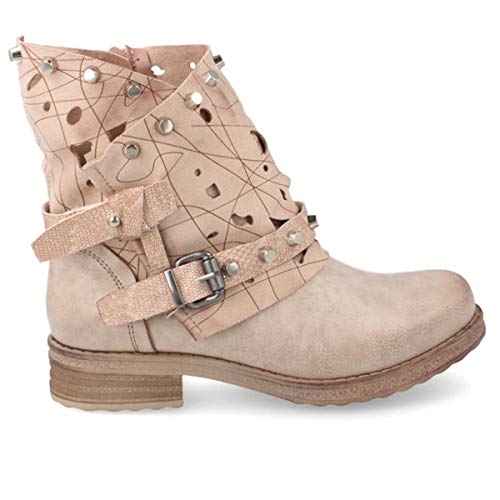 Botin Mujer Estilo Biker Casual Motero de Moda con Grabado Laser Tachuelas y Correas Combinadas Otono Invierno 2019. Talla 36 Rosa
