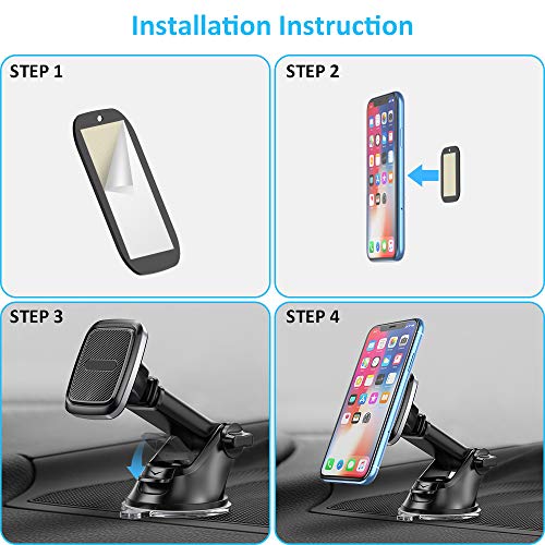Bovon Soporte Móvil para Coche, 360° Rotación Magnético Salpicadero Soporte Móvil para Coche con Brazo Ajustable, Soporte Telefono Coche con Ventosa Fuerte Compatible con iPhone, Samsung, HTC, etc