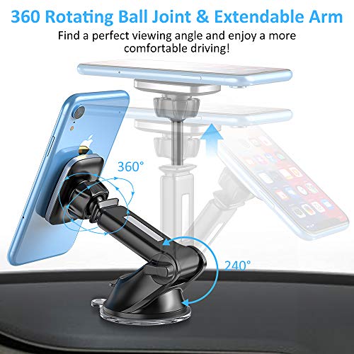 Bovon Soporte Móvil para Coche, 360° Rotación Magnético Salpicadero Soporte Móvil para Coche con Brazo Ajustable, Soporte Telefono Coche con Ventosa Fuerte Compatible con iPhone, Samsung, HTC, etc