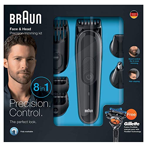 Braun MGK3060 Corta Barbas Hombre 8En1 Recortadora Barba y Cortapelos para Nariz y Orejas, Pequeños Detalles, Cuchillas de Larga Duración, Maquinilla Gillette Fusion5 ProGlide con Tecnología FlexBall
