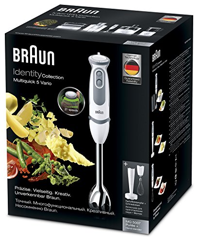 Braun Minipimer 5 MQ 500 7WH Puree - Batidora de mano, 750 W potencia, 21 velocidades, vaso medidor 0,6 L, campana anti-salpicaduras, accesorio pasa-puré, varilla batidora, blanco y gris