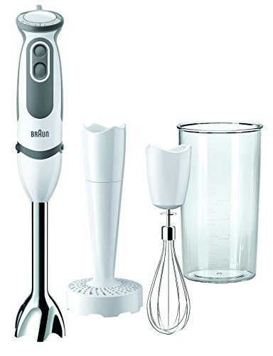 Braun Minipimer 5 MQ 500 7WH Puree - Batidora de mano, 750 W potencia, 21 velocidades, vaso medidor 0,6 L, campana anti-salpicaduras, accesorio pasa-puré, varilla batidora, blanco y gris