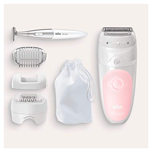 Braun Silk-épil 5 5-820 Depiladora mujer eléctrica, depilación suave para principiantes, cabezal de rasurado y recorte, pinzas micro-grip, blanco/rosa