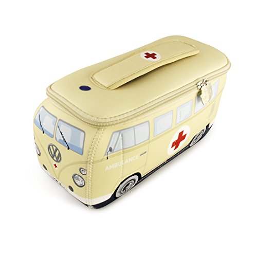 BRISA VW Collection - Volkswagen Furgoneta Hippie Bus T1 Van Bolsa Universal de Neopreno, Neceser, Bolso de Maquillaje-Cosméticos-Aseo, Estuche de lápices, Caja de almuerzo, Equipaje (Ambulance/Beige)