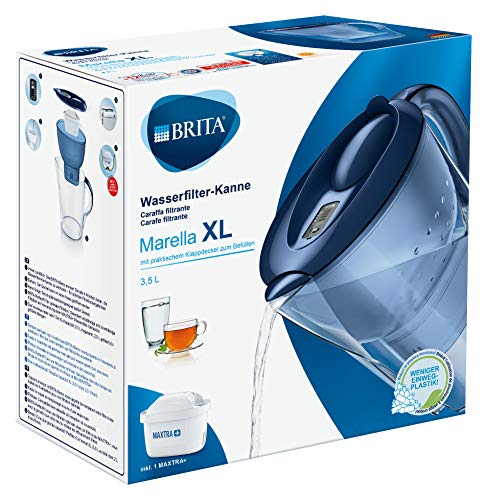BRITA Marella azul XL – Jarra de Agua Filtrada con 1 cartucho MAXTRA+, Filtro de agua BRITA que reduce la cal y el cloro, Agua filtrada para un sabor óptimo, 3.5L