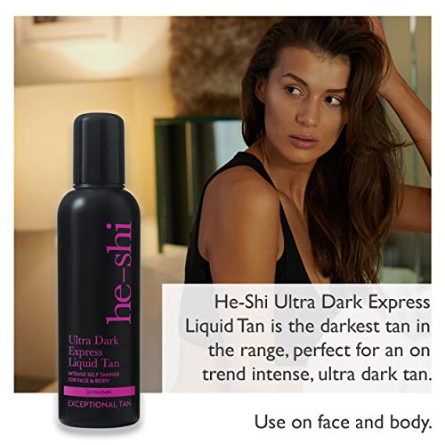 Bronceado líquido He-Shi Ultra Dark Express, 14% – bronceado vegano, larga duración, secado rápido, incluso se desgasta 150 ml