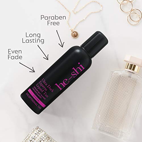 Bronceado líquido He-Shi Ultra Dark Express, 14% – bronceado vegano, larga duración, secado rápido, incluso se desgasta 150 ml
