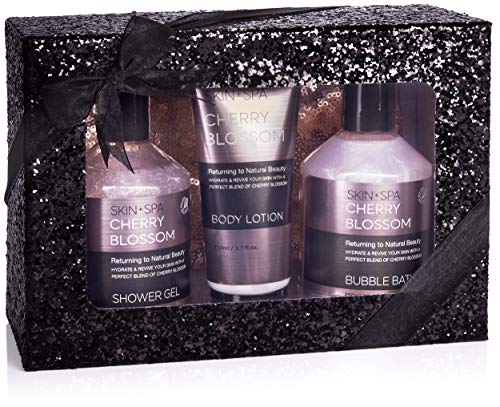 BRUBAKER Cosmetics Set de Baño y Ducha"Cherry Blossom Skin + Spa" con Aroma a Cerezo en Flor - Set de regalo de 4 piezas - en caja de regalo de purpurina negra + bolsa de cosméticos