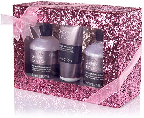 BRUBAKER Cosmetics Set de Baño y Ducha"Cherry Blossom Skin + Spa" con Aroma a Cerezo en Flor - Set de regalo de 4 piezas - en caja de regalo de purpurina rosa + bolsa de cosméticos