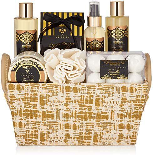 BRUBAKER Cosmetics Set de Baño y Ducha"Vanilla Golden Paradies" - Fragancia Rosas de Vainilla y Menta - Set de regalo de 14 piezas en caja con asa