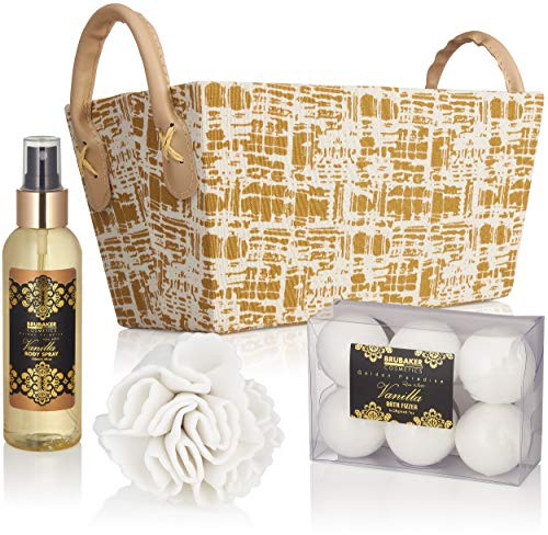 BRUBAKER Cosmetics Set de Baño y Ducha"Vanilla Golden Paradies" - Fragancia Rosas de Vainilla y Menta - Set de regalo de 14 piezas en caja con asa